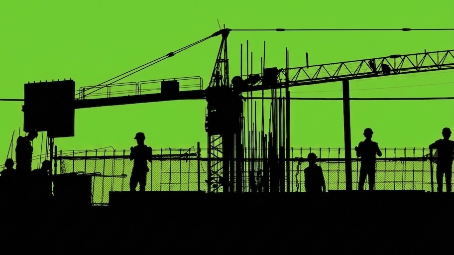 Silhouette of construction workers and a crane on a bright green background.